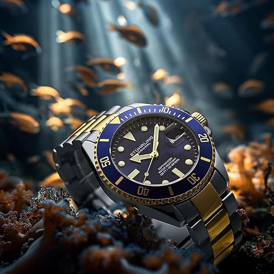 ستاهرلنغ اورجنال ساعة غوص للرجال، حركة سويسرية، ستانلس ستيل، مينا ازرق، سوار من الستانلس ستيل، مقاومة للماء حتى عمق 100 متر