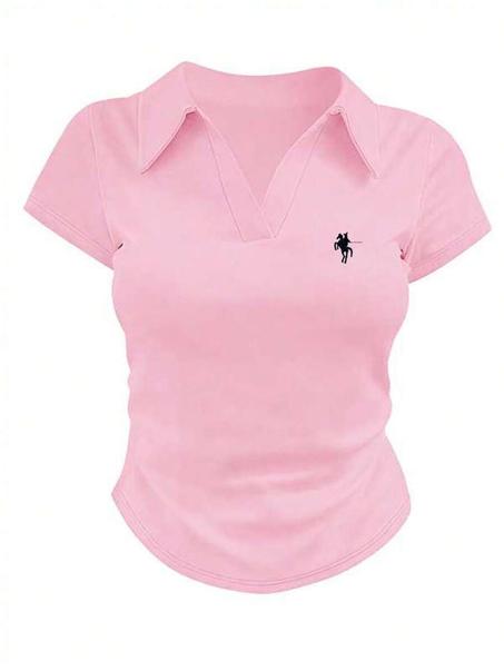 تي شيرت نسائي بكول بأكمام قصيرة وياقة مدببة