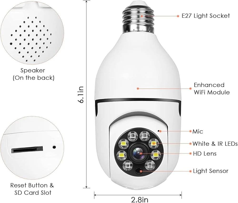 1080P Wi-Fi Smart Light Bulb Security Camera – كاميرا لمبة ذكية بدقة 1080 بكسل قابلة للاتصال بالواي فاي