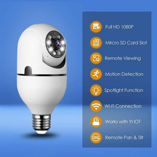 1080P Wi-Fi Smart Light Bulb Security Camera – كاميرا لمبة ذكية بدقة 1080 بكسل قابلة للاتصال بالواي فاي