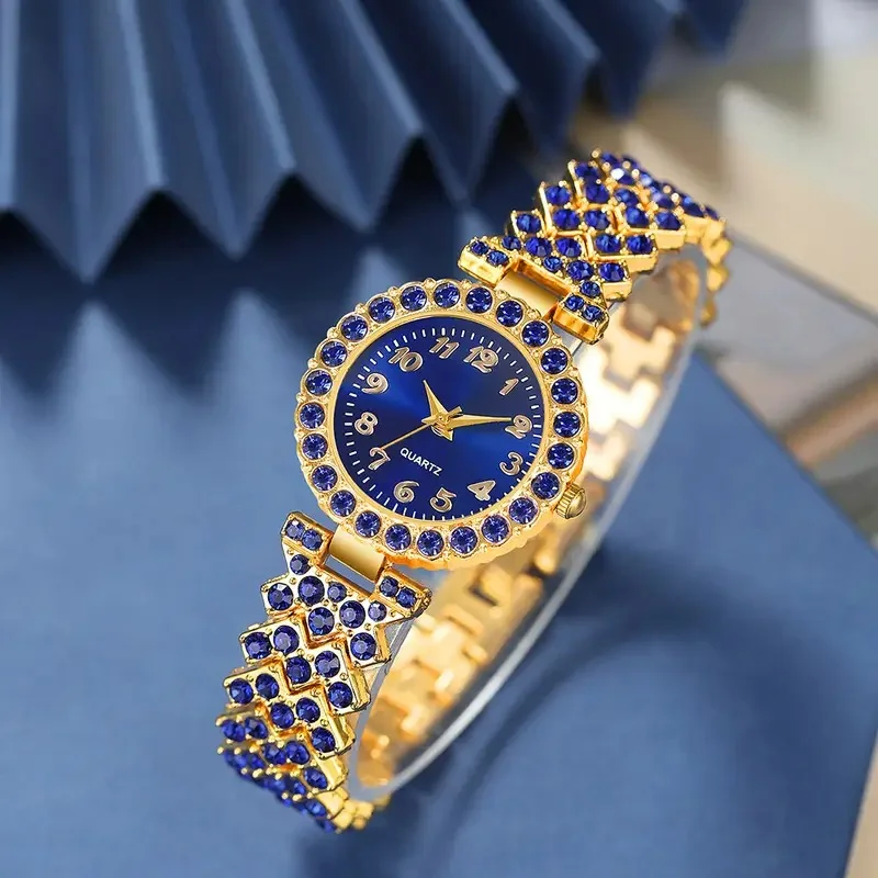 💎 Elegant Women Rhinestone Quartz Watch Blue Fashion – ساعة نسائية أنيقة مزينة بفصوص كريستال بتصميم أزرق فاخر