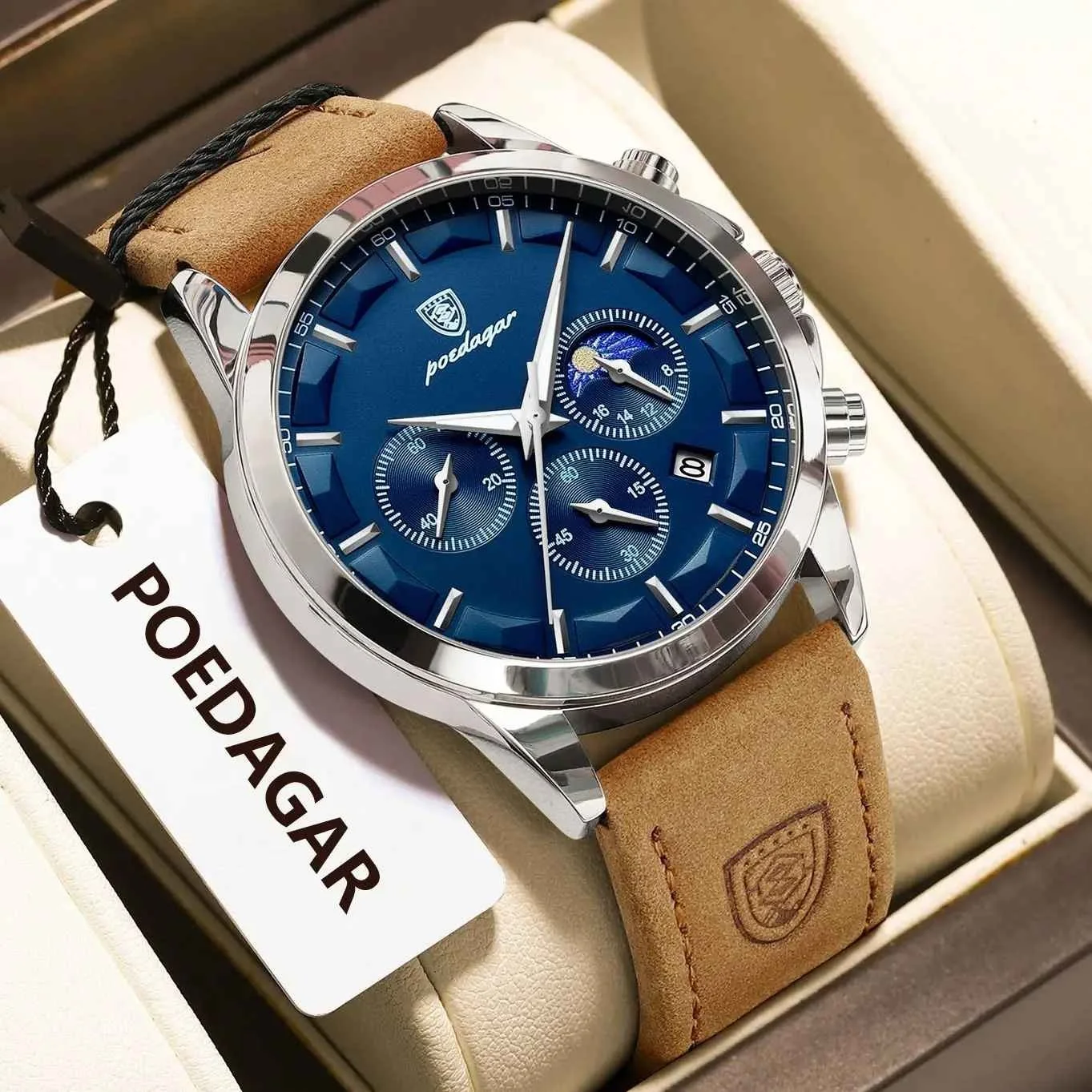 🕶️ Men’s Leather Strap Chronograph Quartz Watch – ساعة رجالية فاخرة برباط جلدي وكرونوغراف كوارتز