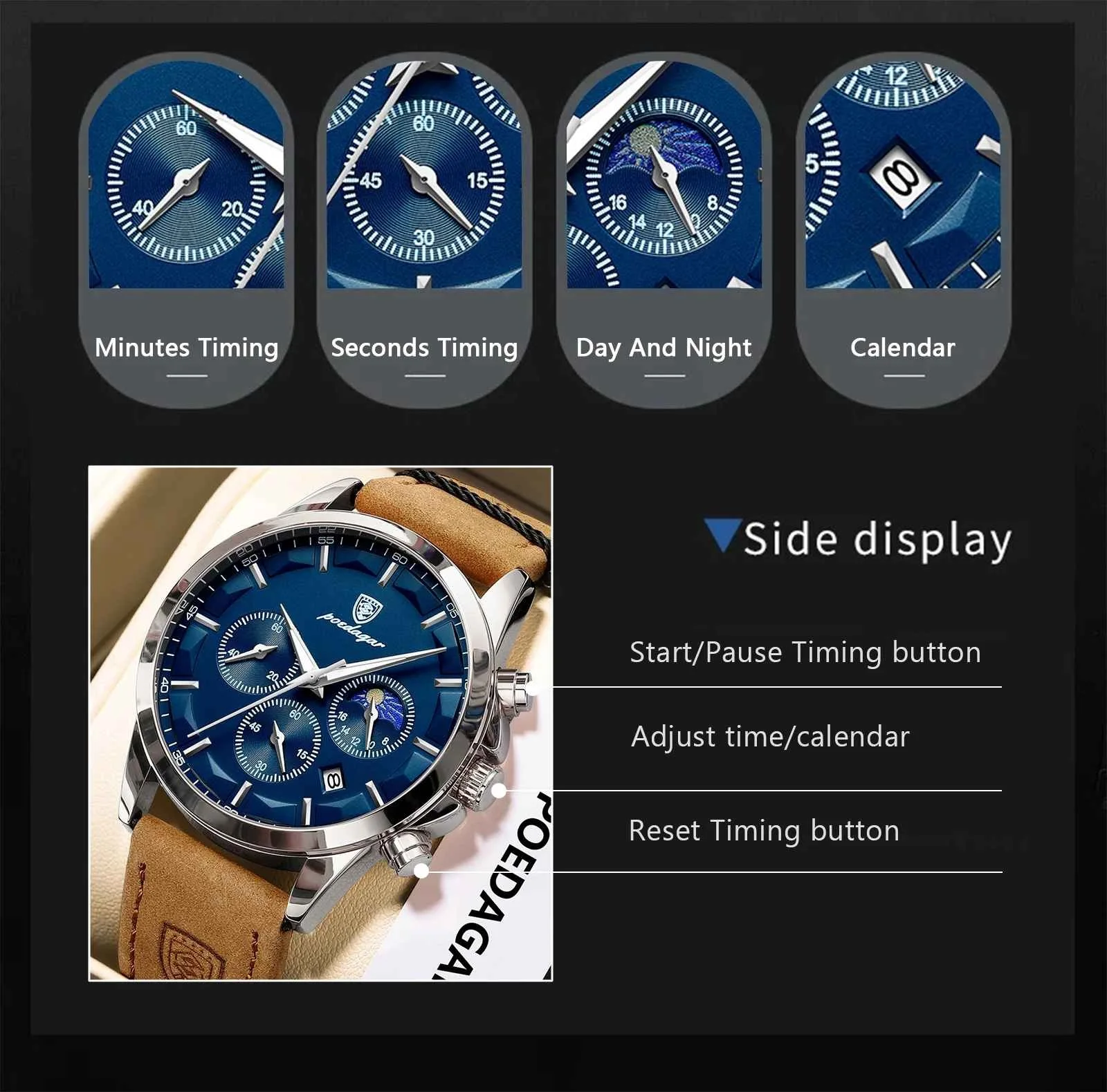 🕶️ Men’s Leather Strap Chronograph Quartz Watch – ساعة رجالية فاخرة برباط جلدي وكرونوغراف كوارتز