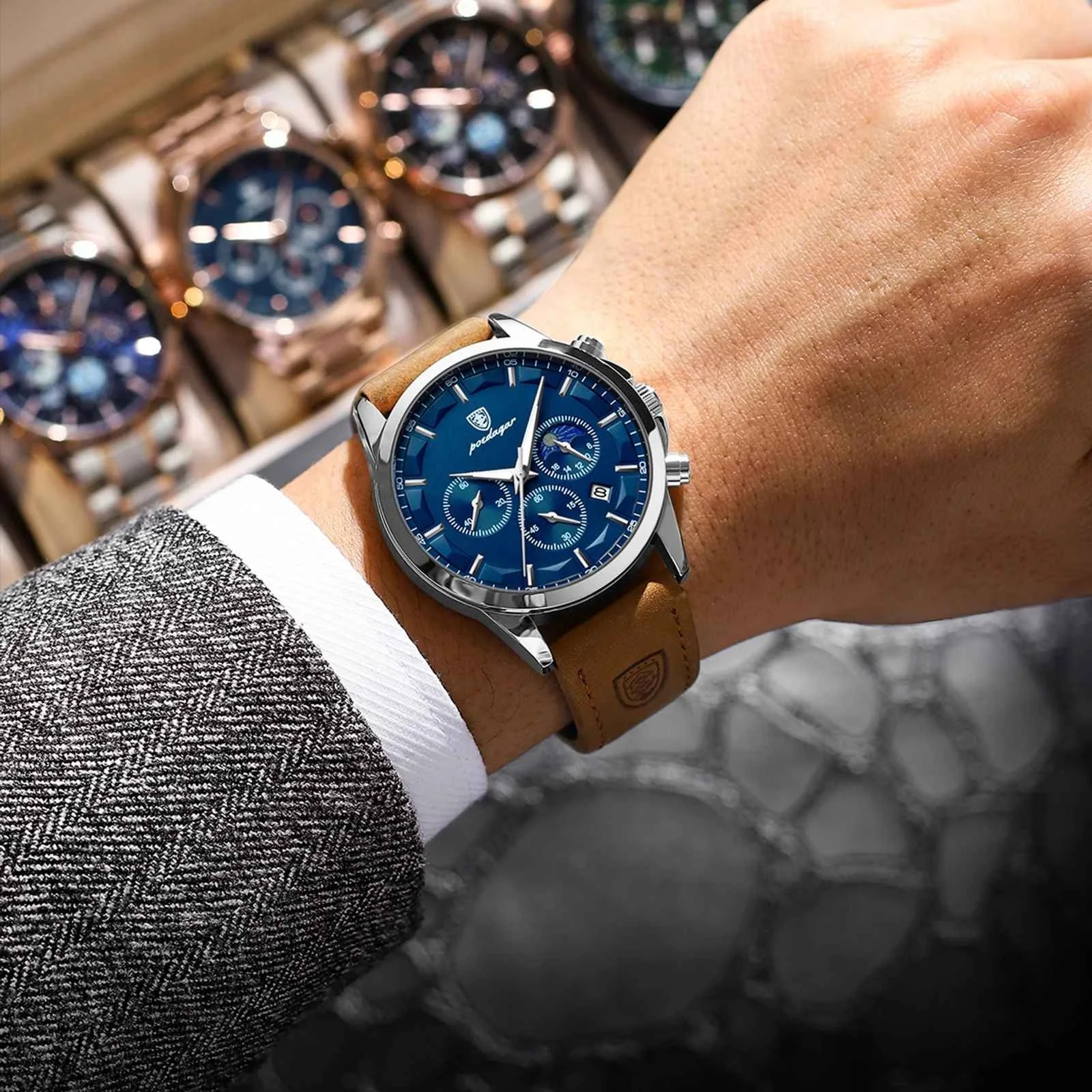 🕶️ Men’s Leather Strap Chronograph Quartz Watch – ساعة رجالية فاخرة برباط جلدي وكرونوغراف كوارتز