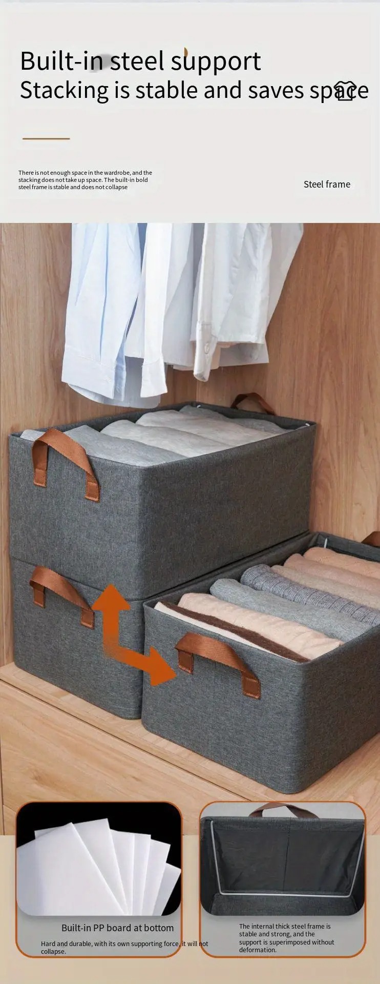 1pc, bacs de rangement avec cadre en acier, bacs de rangement en tissu, boîtes de rangement pliables, organisateurs de placard et paniers de rangement pour étagères de salon détails 6