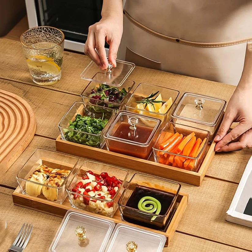 Bols de service à trempette en verre avec couvercles