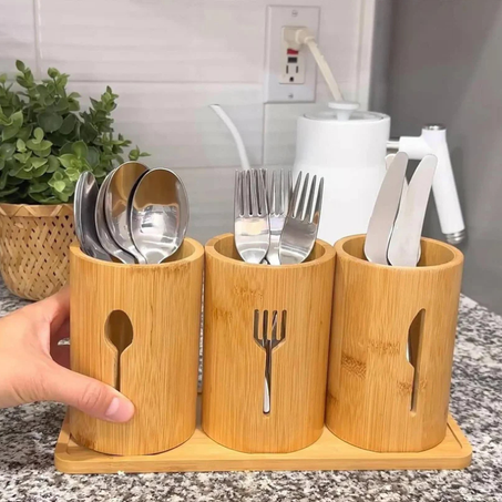 Organiseur d'ustensiles de cuisine Tesly en bambou poli