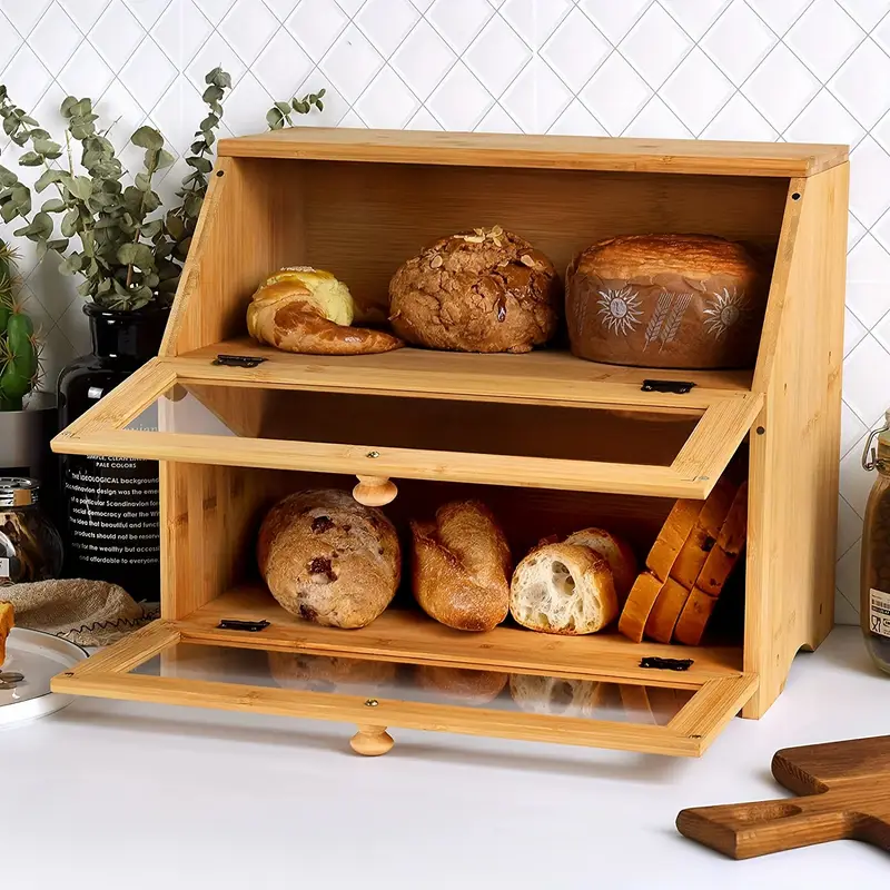 Boîte à Pain en Bois de Bambou – Double Compartiment avec Fenêtre Transparente