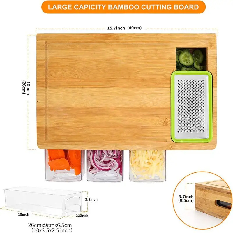 Planche à Découper en Bambou avec Tiroirs et Râpes – Cuisine Organisée et Efficace