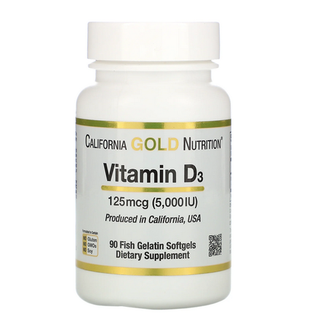 California Gold Nutrition, Vitamine D3, 125 µg (5000 IU), 90 capsules a base de gélatine de poisson