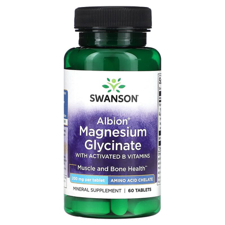 Swanson, Albion Glycinate de magnésium avec vitamines B activées, 200 mg, 60 comprimés