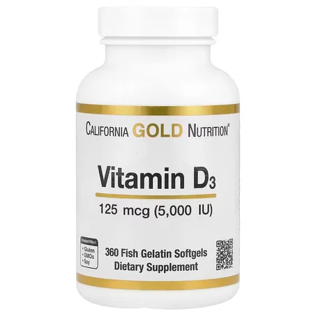California Gold Nutrition, Vitamine D3, 125 mcg (5 000 UI), 360 capsules molles de gélatine de poisson