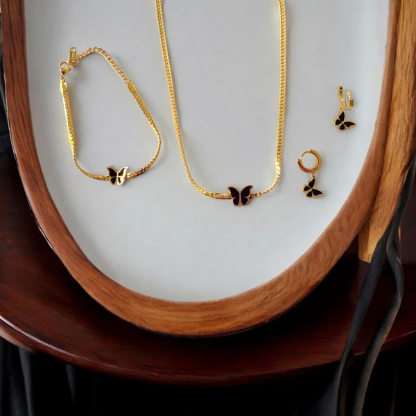 Gold Sunshine Black Butterfly Style Pendent Set with Bracelet | VV-24-GSP-0029