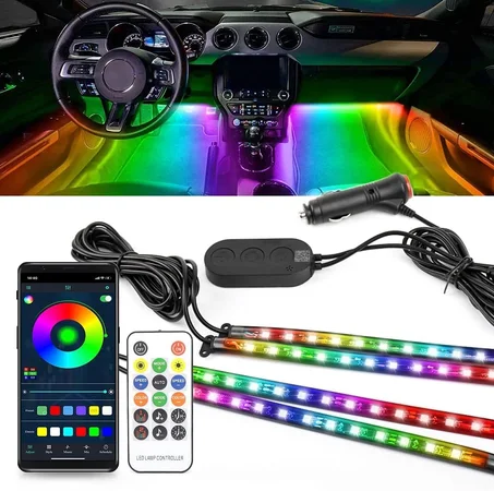 اضواء LED 12 فولت من الفضاء اللوني RGB مع جهاز تحكم عن بعد لتزيين الجو داخل السيارة