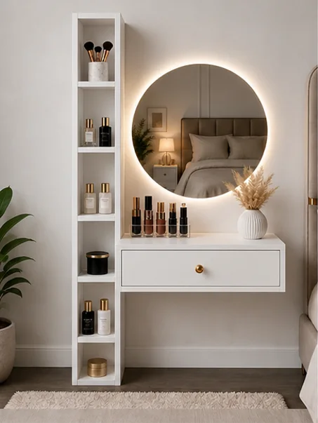 Coiffeuse murale avec miroir LED et étagère de rangement