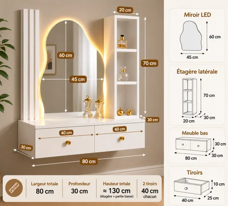 Coiffeuse Murale LED Design avec Miroir Asymétrique et Étagère de Rangement