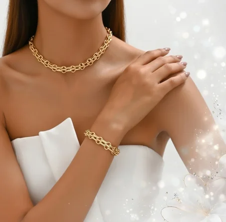 Conjunto de Collar y Pulsera de Cadena Entrelazada Dorada – Elegancia de Lujo en Acero Inoxidable