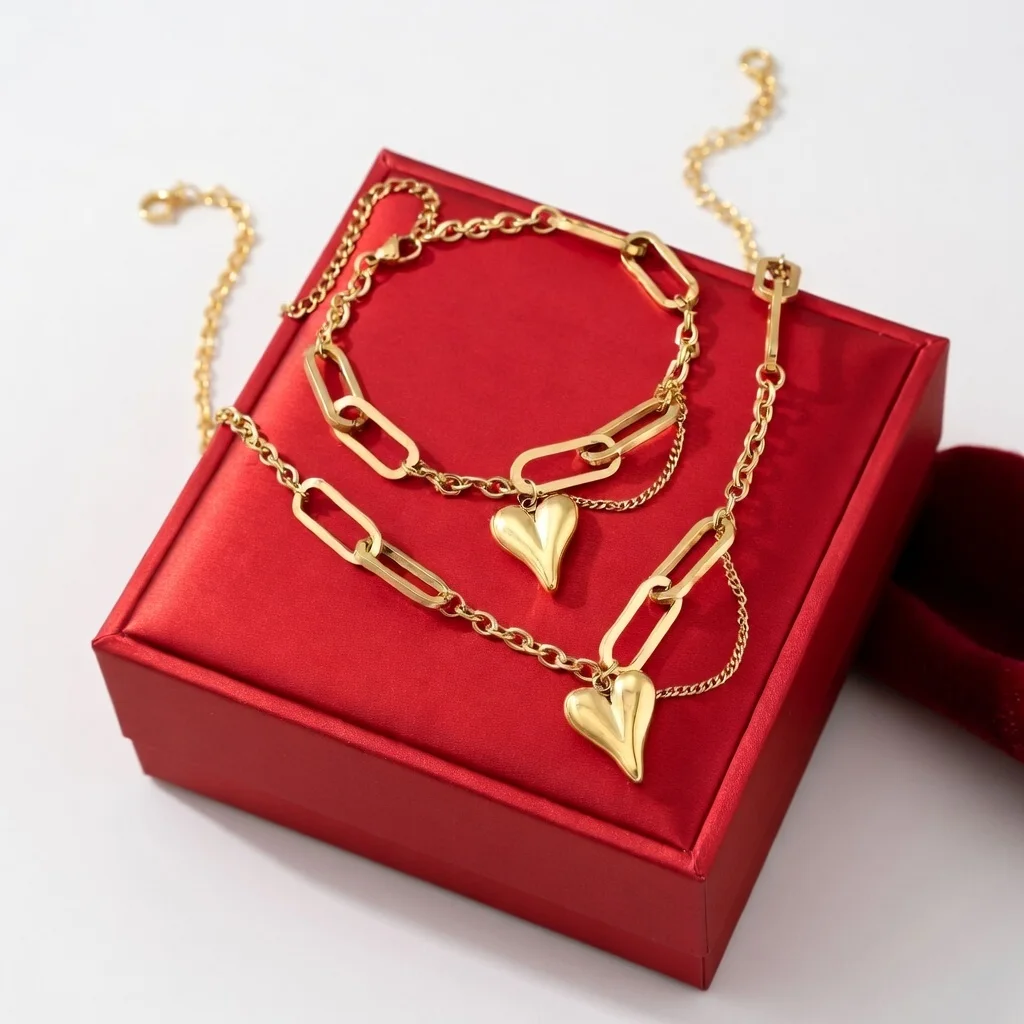✨ Conjunto Elegante de Corazón en Acero Inoxidable – Collar y Pulsera Dorados y plata que Enamoran ✨