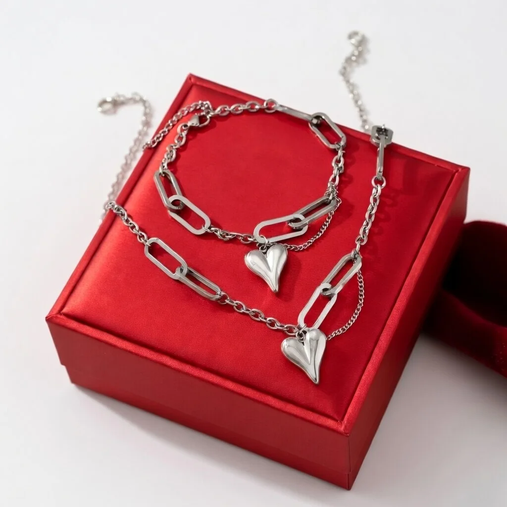 ✨ Conjunto Elegante de Corazón en Acero Inoxidable – Collar y Pulsera Dorados y plata que Enamoran ✨