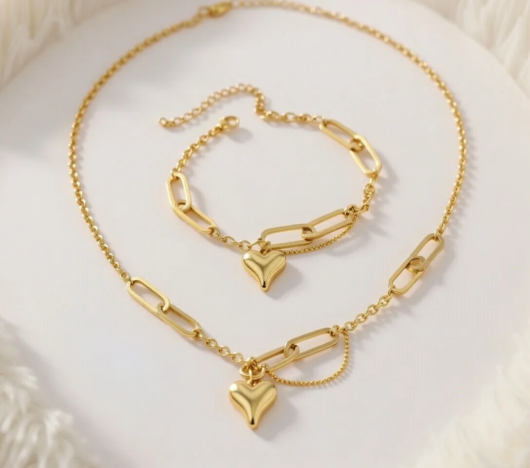 ✨ Conjunto Elegante de Corazón en Acero Inoxidable – Collar y Pulsera Dorados y plata que Enamoran ✨