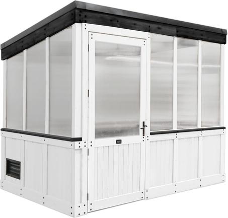 Backyard Discovery Willow 9' x 6' White Cedar Wood and Polycarbonate Walk-in Greenhouse Kit with Exhaust Fan, Windows, Hose Hook-Ups, PowerPort, Staging Shelves for Year-Round Outdoor Gardeni