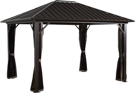 Sojag 10' x 14' Genova Hardtop Gazebo 4-Season Outdoor Weather-Resistant Aluminum Frame Shelter with Mosquito Net, Black,Brown