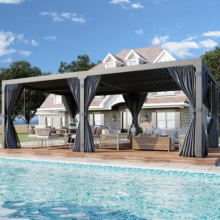 YOLENY Louvered Pergola 12x20, All Aluminum Pergola with Adjustable Rainproof Roof, Outdoor Pergola with Curtains and Nets for Patio & Garden, Dark Grey