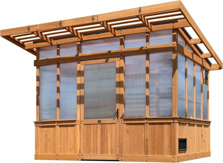 Backyard Discovery Poppy 11' x 7' Cedar Wood and Polycarbonate Walk-In Greenhouse Kit with Exhaust Fan, Windows, Hose Hook-Ups, PowerPort, Staging Shelves, Plant Hooks for Year-Round Outdoor