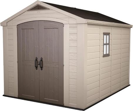 Keter Factor 8x11 Ft All-Weather Outdoor Storage Shed with Shelves, Skylight, Window, Built-in Ventilation, Customizable Walls, & Lockable Double Doors, Brown