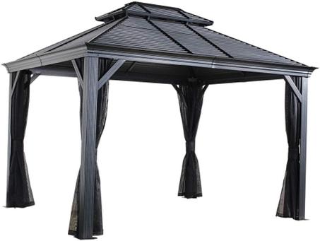 Sojag 10' x 12' Mykonos Double Roof Hardtop Gazebo Outdoor Weather-Resistant Aluminum Frame Sun Shelter Dark Grey