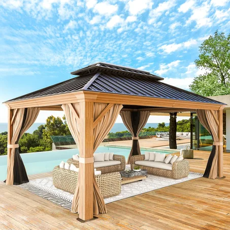 YOLENY 12' x 14' Hardtop Gazebo Wood Grain Aluminum Frame Gazebo, Outdoor Permanent Metal Pavilion with Netting and Curtains for Deck, Backyard, Patio, Lawns