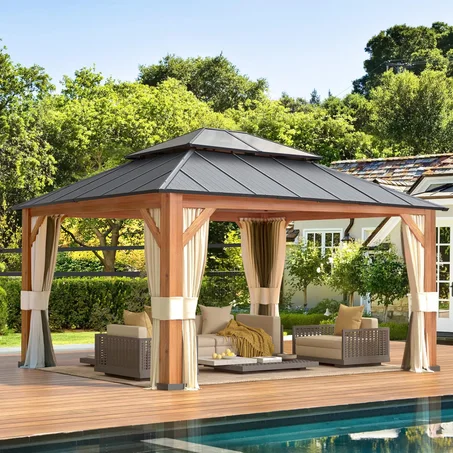 YOLENY 12' x 14' Hardtop Gazebo Ultra-Thick Columns and Beams with Wood Grain Aluminum Frame, Dual Material Double Roof, Outdoor Gazebo Pergolas with Netting and Curtains for Deck, Backyard a