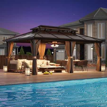 YOLENY 12'x20' Hardtop Gazebo, Outdoor Polycarbonate Double Roof Canopy, Aluminum Frame Permanent Pavilion with Curtains and Netting, Sunshade for Garden, Patio, Lawns