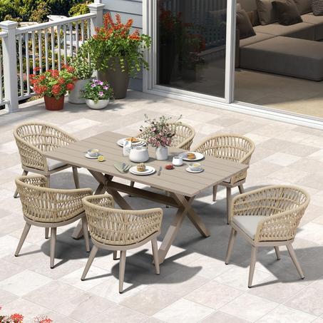 PURPLE LEAF 7 Pieces Outdoor Dining Set All-Weather PE Rattan Outdoor Patio Furniture Set with All Aluminum Frame Rectangular Table and Chairs Set for Lawn Garden Backyard Deck, Champagne