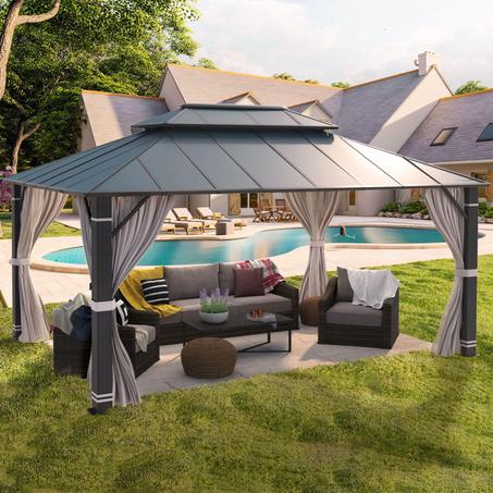 YOLENY 12' x 16' Hardtop Gazebo, Permanent Outdoor Aluminum Patio Gazebo with Aluminum Composite Double Roof for Patio Lawn and Garden, Curtains and Netting Included