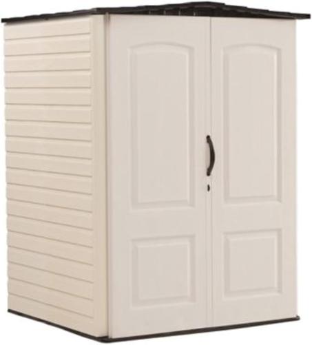 Rubbermaid Medium Vertical Resin Outdoor Storage Shed With Floor (4.3 x 4.6 Ft), Weather Resistant, Beige/Brown, Organization for Home/Backyard/Garden Tools/Lawn Mower/Bike Storage/Pool Suppl