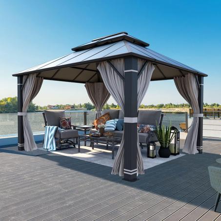 YOLENY 10' x 12' Hardtop Gazebo, Permanent Outdoor Aluminum Patio Gazebo with Aluminum Composite Double Roof for Patio Lawn and Garden, Curtains and Netting Included
