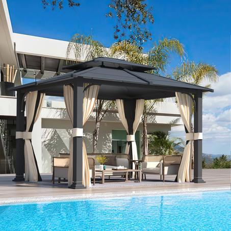 YOLENY 10'x12' Gazebo with Galvanized Steel Roof, Hardtop Double Roof with Anti-Rust Coating, Outdoor Gazebos with Curtains and Netting, Sunshade for Gardens, Lawns, Deck