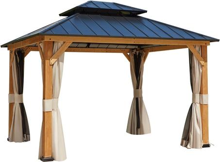 YOLENY 11' x 13' Spruce Wood Gazebo, Outdoor Hardtop Gazebo with Privacy Curtains and Mosquito Netting for Patio, Garden, Backyard