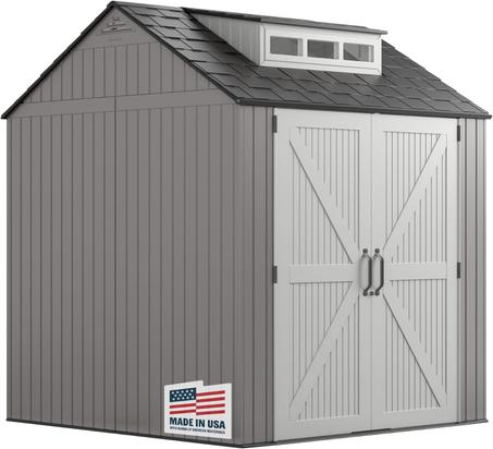 Rubbermaid Resin Outdoor Storage Shed With Floor (7 x 7 Ft) Weather Resistant Gray Organization for Home/Backyard/Garden Tools/Lawn Mower/Bike Storage/Pool Supplies