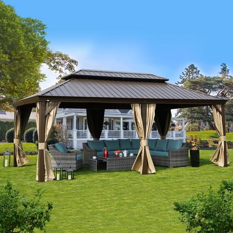 Kozyard Alexander 12' X 20' Hardtop Gazebo, Aluminum Metal Gazebo with Galvanized Steel Double Roof Canopy, Curtain and Netting, Permanent Gazebo Pavilion for Patio, Backyard, Deck, Lawn (Bro