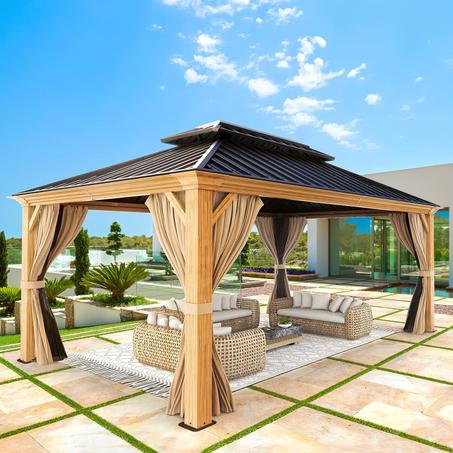 YOLENY 12'x16' Hardtop Gazebo, Wood Grain Aluminum Frame Outdoor Gazebo with Double Galvanized Steel Roof, Permanent Metal Pavilion with Curtains and Nettings for Patio, Backyard, Deck and La