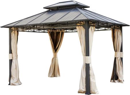 YOLENY 10' x 12' Gazebo with Galvanized Steel Roof, Double Roof with Anti-Rust Coating, Outdoor Gazebos with Curtains and Netting, Sunshade for Gardens, Lawns, Deck
