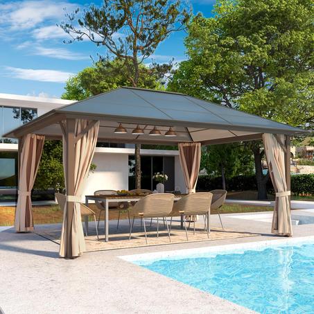 YOLENY 12'x16' Hardtop Gazebo, Outdoor Polycarbonate Roof Canopy, Aluminum Frame Permanent Pavilion with Curtains and Netting, Sunshade for Garden, Patio, Lawns