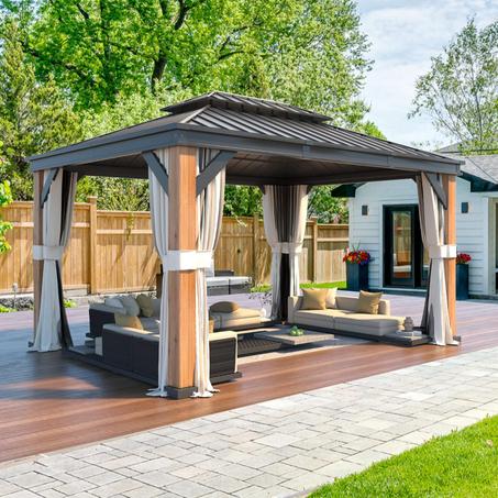 YOLENY 12'x16' Hardtop Gazebo Ultra-Thick Columns and Beams, Gazebo with Wood Grain Aluminum Frame, Galvanized Steel Roof, Permanent Metal Pavilion with Netting and Curtains for Backyard and