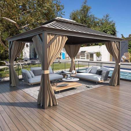 YOLENY 12' x 14' Hardtop Gazebo, Galvanized Steel Metal Double Roof Aluminum Frame Gazebo with Curtain and Netting, Permanent Pavilion Pergola for Outdoor, Patio, Garden, Lawn, Pool Side, Bro