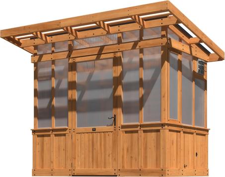 Backyard Discovery Poppy 9' x 6' Cedar Wood and Polycarbonate Walk-in Greenhouse Kit with Exhaust Fan, Windows, Hose Hook-Ups, PowerPort, Staging Shelves, Plant Hooks for Year-Round Outdoor G
