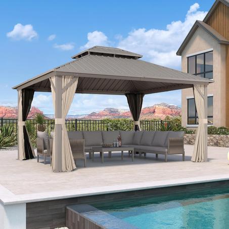 *PURPLE LEAF 12' x 14' Outdoor Hardtop Gazebo, Champagne Aluminum Gazebo with Galvanized Steel Double Roof, Curtains and Netting for Patio Lawn and Garden