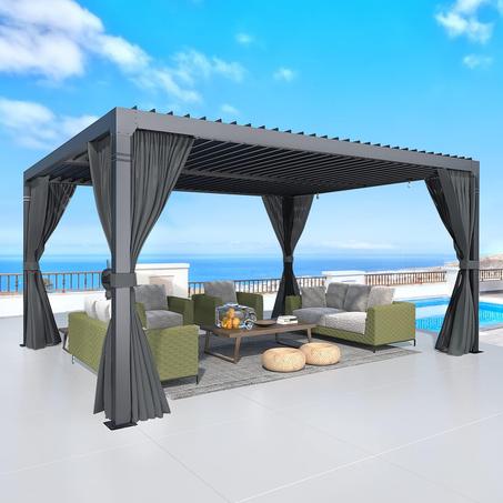 YOLENY Louvered Pergola 10x12, All Aluminum Pergola with Adjustable Rainproof Roof, Outdoor Pergola with Curtains and Nets for Patio & Garden, Dark Grey