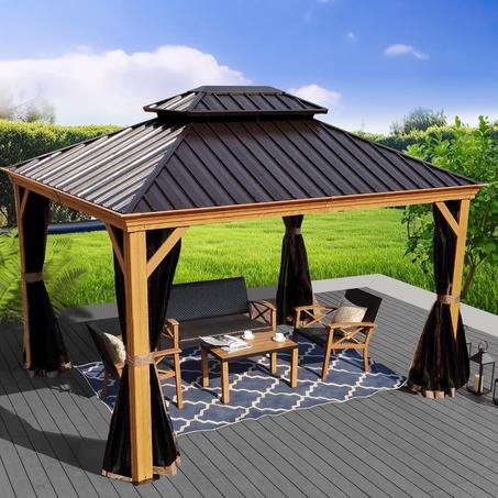 Kozyard Apollo 10’x12’ Hardtop Gazebo, Wooden Coated Aluminum Frame Canopy with Galvanized Steel Double Roof, Outdoor Permanent Metal Pavilion with Netting for Patio, Deck and Lawn (10ft x 12